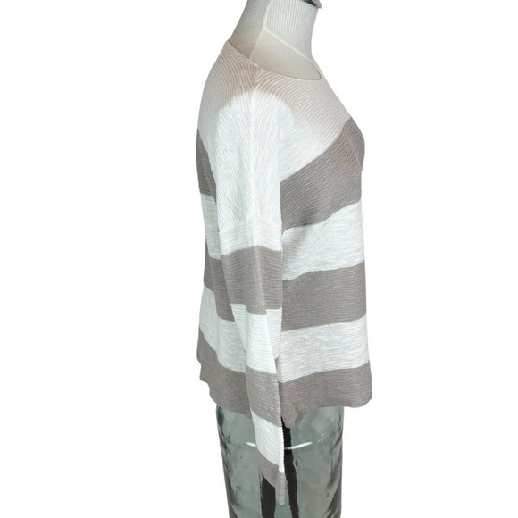 Eileen Fisher Bateau Neck Organic Cotton Linen Boxy Striped Sweater Top Sz PM - Picture 6 of 10